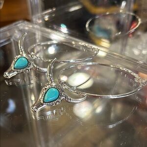 Silver Hoop Earrings with Turquoise Bull Skull